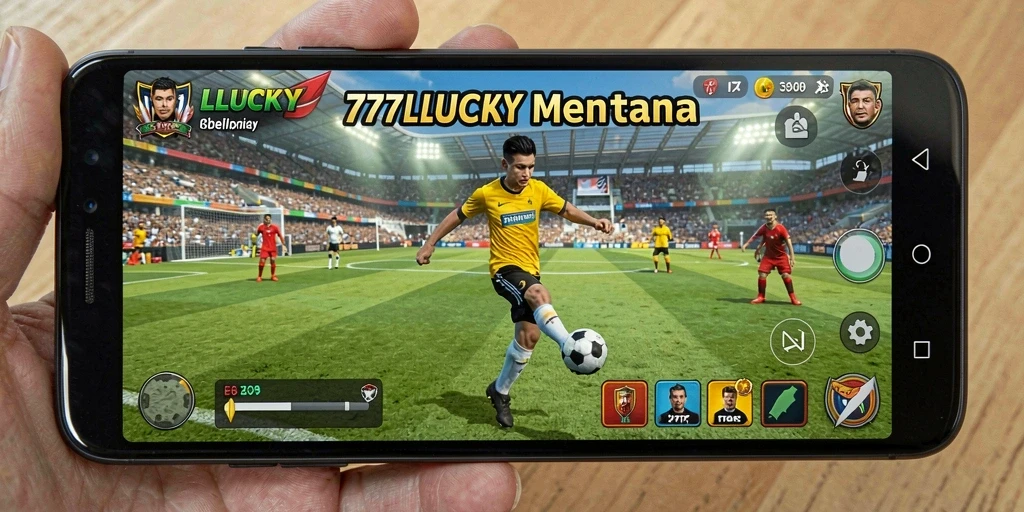 Tangkapan layar utama dari <strong>777LUCKY</strong> menampilkan aksi seru di lapangan sepak bola.