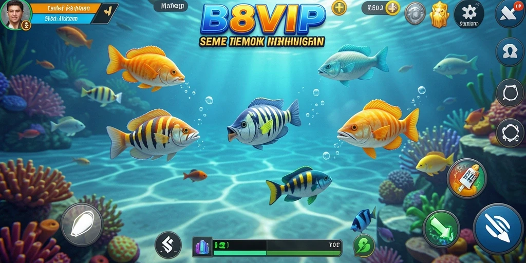 Tampilan gameplay seru di B8VIP dengan ikan berwarna-warni.