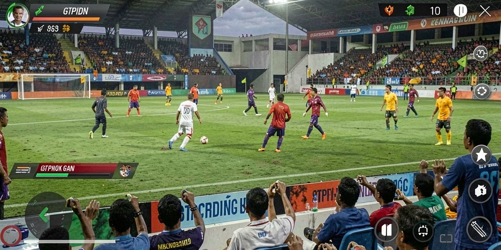 Gameplay GTPIDN menampilkan aksi seru pertandingan sepak bola.