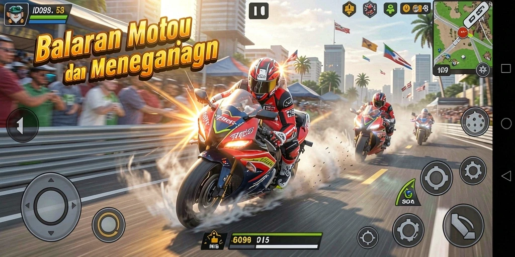 Screenshot ID098 menampilkan aksi balapan motor yang mendebarkan.