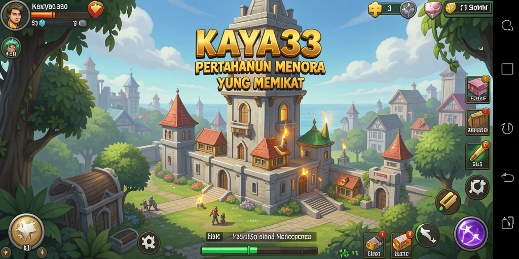 Screenshot gameplay KAYA33 menunjukkan menara pertahanan melawan gelombang musuh.