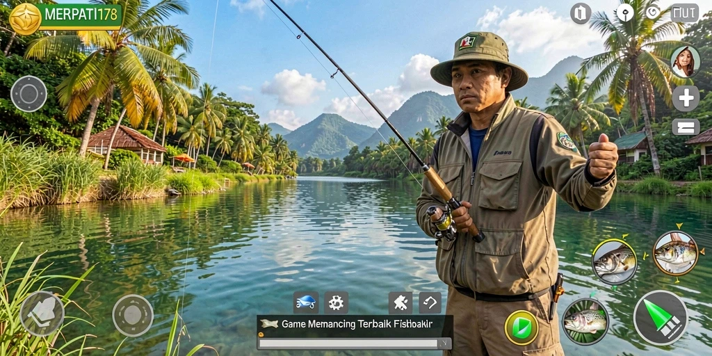 Screenshot gameplay menunjukkan momen menangkap ikan besar di laut.
