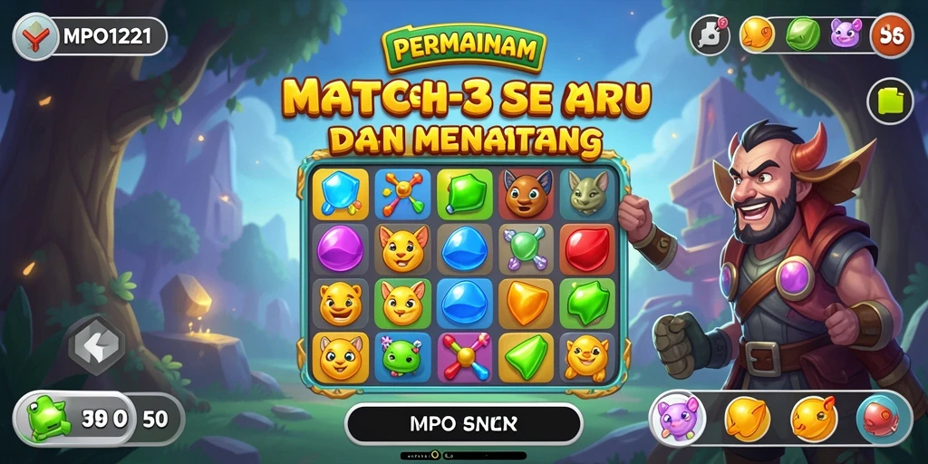 Tangkapan layar gameplay MPO1221 yang menampilkan keseruan menyelesaikan puzzle Match-3.