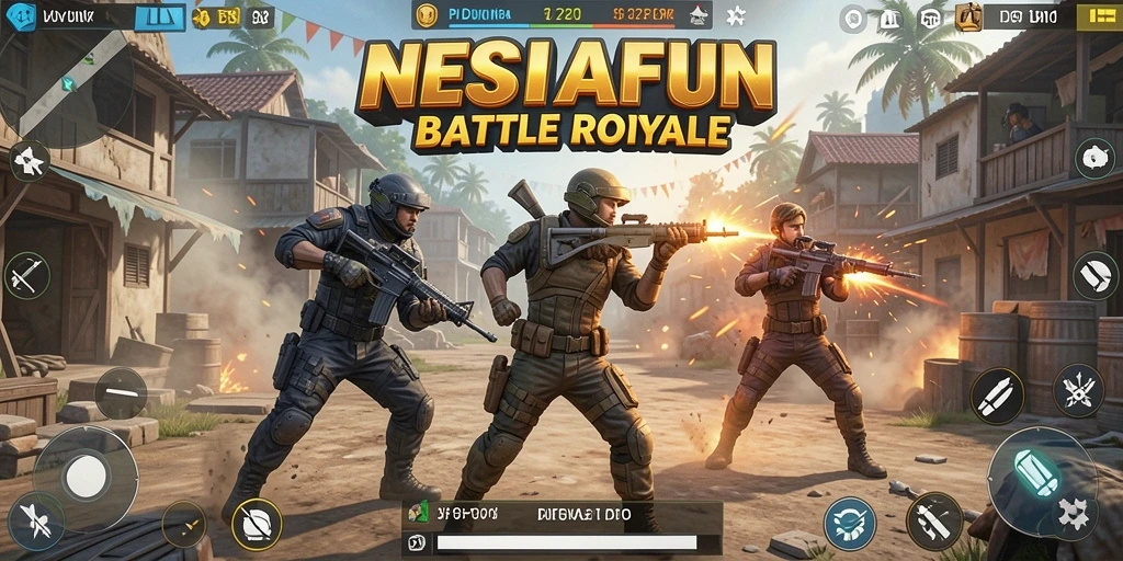 Screenshot gameplay NESIAFUN menampilkan pertarungan seru dalam arena Battle Royale.
