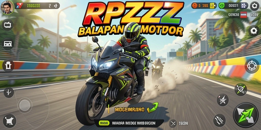 Screenshot utama RPZZZ menampilkan gameplay balap motor yang mendebarkan.