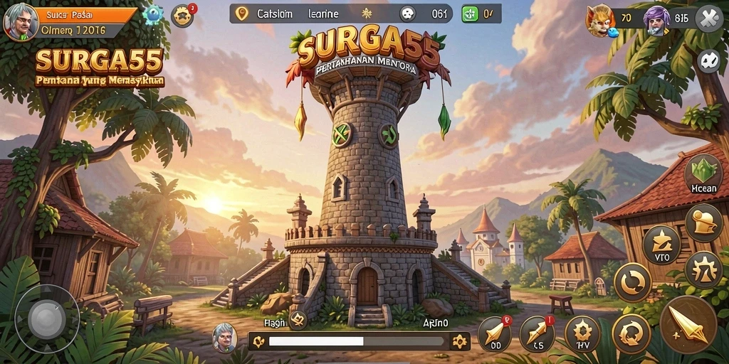Tangkapan layar permainan SURGA55 menampilkan pertempuran Tower Defense yang dramatis.