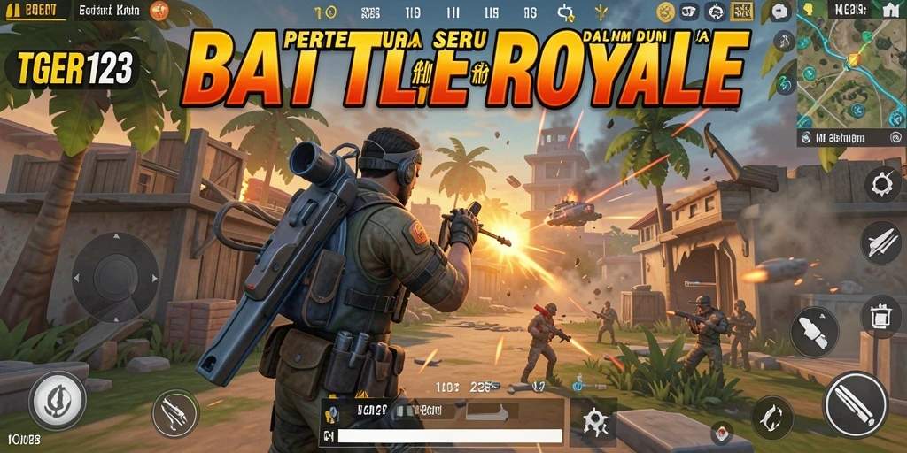 Tangkapan layar apik menampilkan pertempuran intens dalam TGER123, game Battle Royale yang mendebarkan.