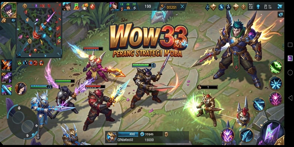 Screenshot utama WOW33 menampilkan aksi dinamis dalam pertempuran MOBA.